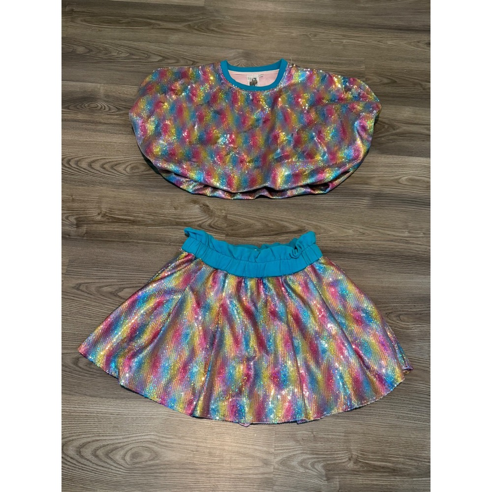 Queen of Sparkles Rainbow Sequin 2 Piece Set Crop Top Skort Women's size Medium